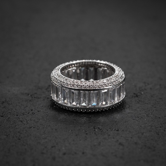 Men's White Gold Plated Iced Cz Baguette Hip Hop Elegant Statement Pinky Ring - Picture 5 of 5